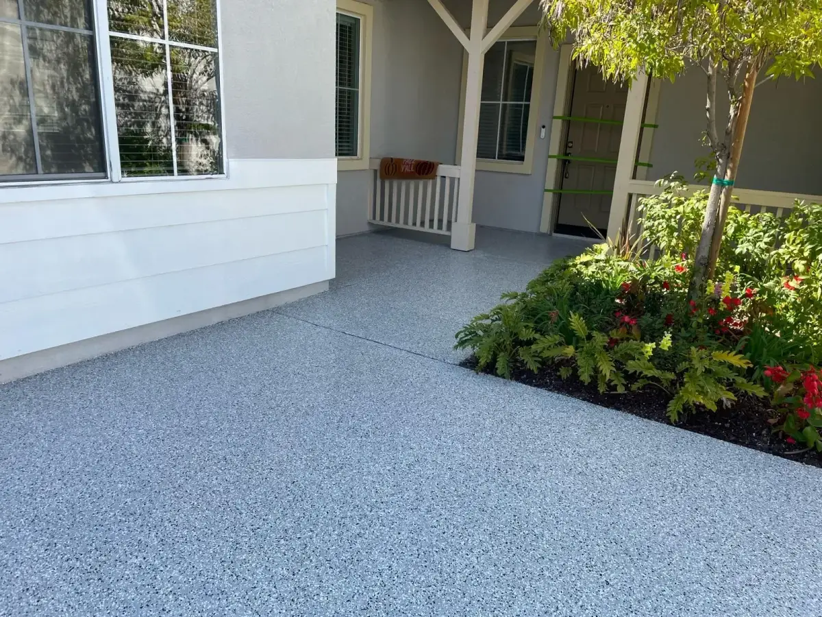 Speckled grey flake epoxy front porch and walkway by ATL Epoxy Design